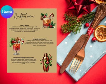 Könnte beinhalten: Eine festliche Cocktailkarte mit Illustrationen von drei festlichen Getränken: Merry Mojito, Gingerbread Martini und Winter Wonderland Margarita. Die Karte ist auf beigefarbenem Hintergrund mit roten und weißen Zuckerstangen und Stechpalmen-Akzenten gedruckt.