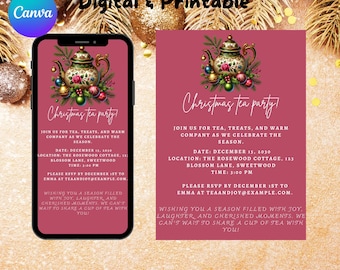 May include: A digital invitation for a Christmas tea party. The invitation features a festive teapot with holly and ornaments. The text reads "Christmas tea party!" and includes details about the date, time, location, and RSVP information.