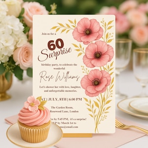 Surprise 60th birthday invitation for women, 60th birthday party, 60, template invitation, 60th birthday decor, flower theme, gift tag,