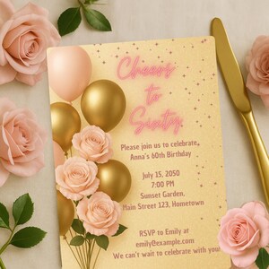 Pink and gold 60th birthday invitation for women, 60th birthday party, 60, template invitation, 60th birthday decor, digital, printable,