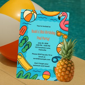 Pool party birthday invitation for boys and girls, summer invite, pool party day, digital, printable, tropical party invite, 10th birthday
