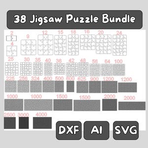 May include: A graphic showing a "38 Jigsaw Puzzle Bundle" with various puzzle sizes, from 2 to 4000 pieces. Includes DXF, AI, and SVG file formats. The image is in shades of gray and white.