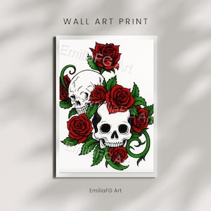 Skull and Roses Art Print | Gothic Floral Wall Art | Digital Download | Alternative Skull Drawing