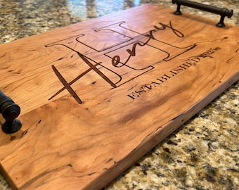 Engraved Hardwood Serving Tray | Personalized Last Name, Metal Handles