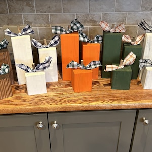 Set of 3 Square Pumpkins with Ribbon - Pumpkin Decor for Holidays - Wood Pumpkin Decor - Tabletop Decor - Mantle Decor - Wood Pumpkins