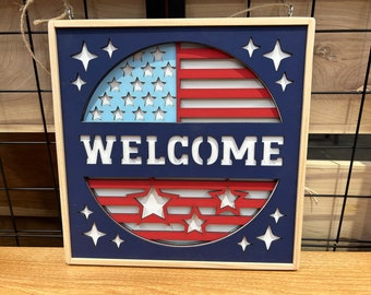 Laser Cut Patriotic Welcome Sign - 3D USA Wood Decor