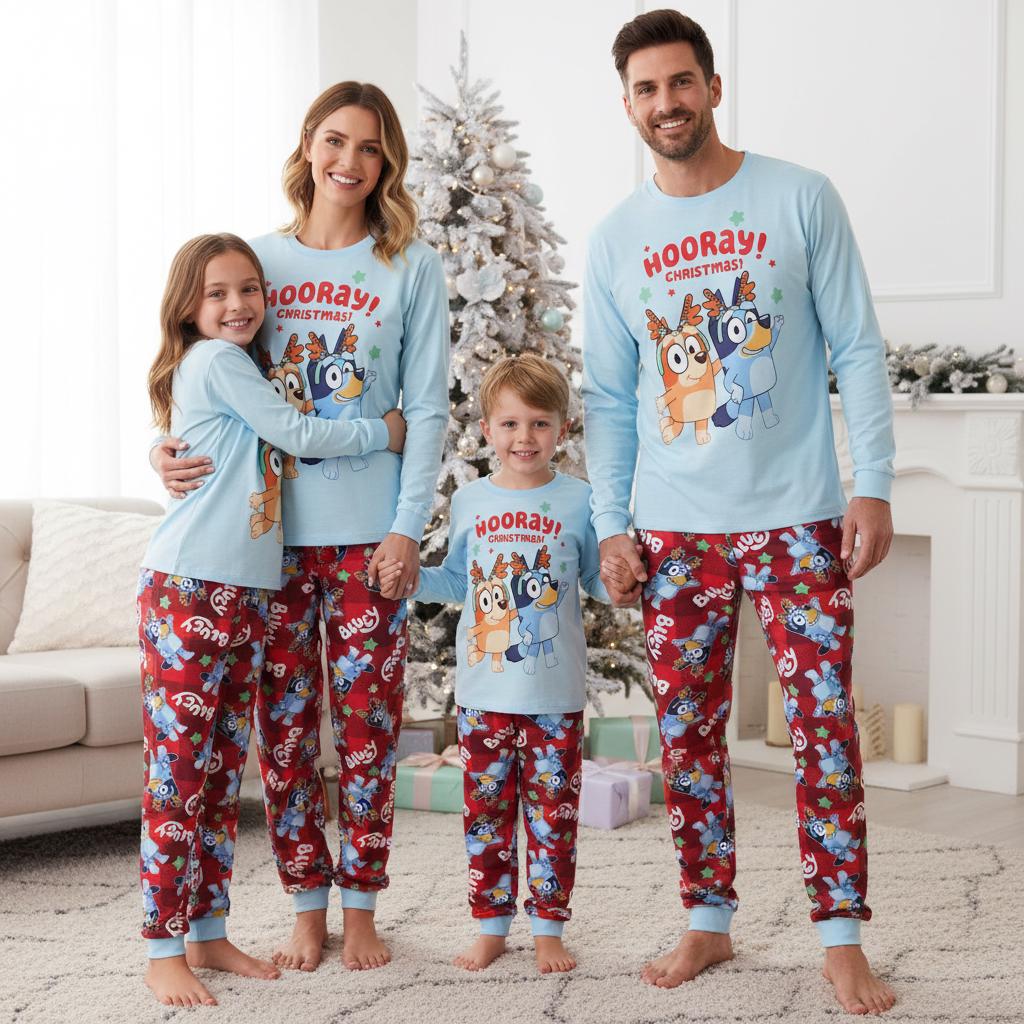 Pyjama De Noël Famille Bluey - T-shirt Bleu Et Pantalon Rouge - Enfant Et Adulte - Coton Doux
