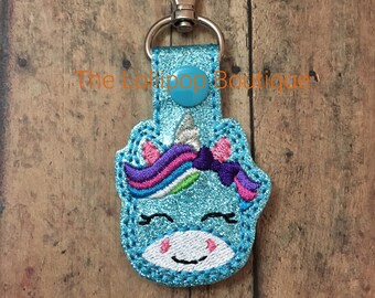 Blue Glitter Unicorn Keychain, Embroidered Snap Tab Keyfob