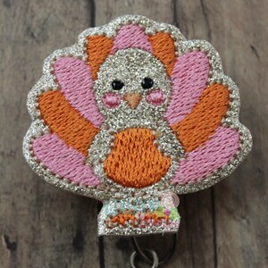 Turkey Girl Feather Badge Reel, Turkey Girl Badge Reel, Thanksgiving Badge Reel, Badge Reel, Work ID Holder, Work ID Badge, ID Badge Holder