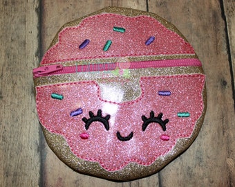 Donut Zipper Pouch, Glitter Vinyl Coin Bag with Keychain