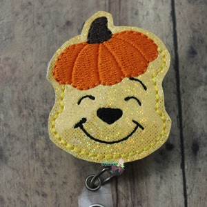 Sparkly Pumpkin Bear Badge Reel, Pumpkin Bear Badge Reel, Badge Reel, Work ID Holder, Badge ID Holder, ID Badge Holder, Badge Holder, Badge