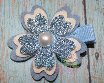 Light Blue and Cream Felt Glitter Hair Clip, Cherry Blossom Hair Clip, Glitter Hair Clip, Hair Clip, Toddler Hair Clip, Felt Flower Clippie