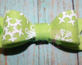 Lime Green Snowflake Felt Hair Bow, Girls Felt Hair Bow, Felt Hair Bow, Felt Bow, Hair Bow, Girls Hair Bow