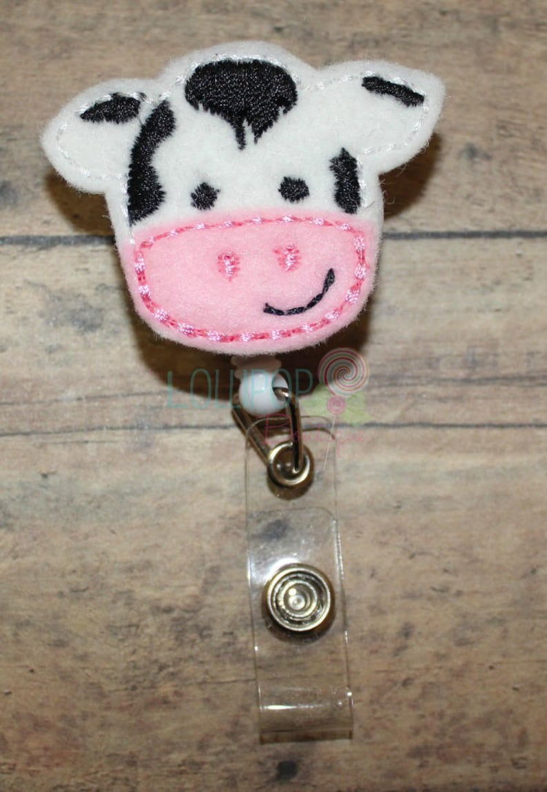 Felt Cow Badge Reel, Felt Badge Reel, Cow Badge Reel, Work ID Holder, Work ID Badge, ID Badge holder, badge holder, retractable badge image 1