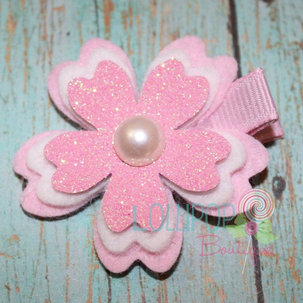 Pink Glitter Felt Cherry Blossom Hair Clip, Felt Hair Clip, Layered Flower Hair Clip, Toddler Clips, Clippies, Flower Clip, Hair Clip