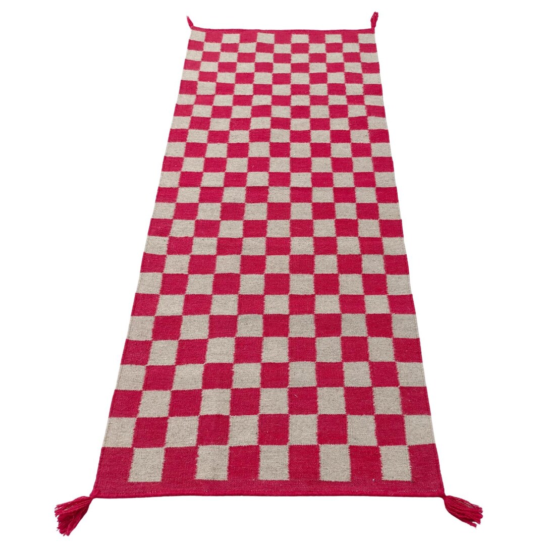 Red Beige Checkerboard Runner Rug: Hand Tufted Wool Boho Hallway Carpet ...
