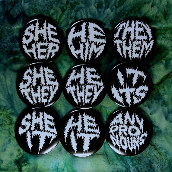 pronoun pins - metal punk font