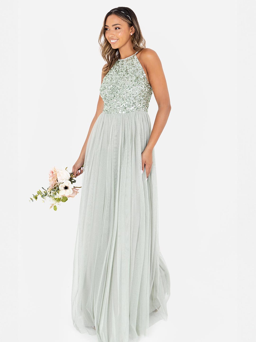 Maya Floral embroidered halter neck midaxi dress in sage green
