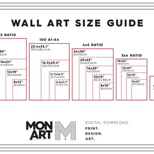 May include: A chart showing different wall art sizes in inches and centimeters. The chart is divided into three sections: 2x3 ratio, ISO A1-A4, 4x5 ratio, and 3x4 ratio. Each section shows different sizes of wall art with the corresponding measurements in inches and centimeters. The chart also includes the text "WALL ART SIZE GUIDE" and "DIGITAL DOWNLOAD PRINT. DESIGN. ART."