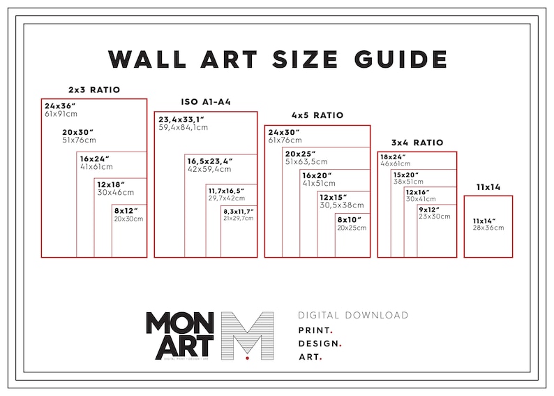 May include: A chart showing different wall art sizes in inches and centimeters. The chart is divided into three sections: 2x3 ratio, ISO A1-A4, 4x5 ratio, and 3x4 ratio. Each section shows different sizes of wall art with the corresponding measurements in inches and centimeters. The chart also includes the text "WALL ART SIZE GUIDE" and "DIGITAL DOWNLOAD PRINT. DESIGN. ART."