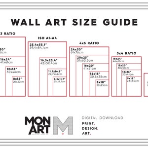 Puede incluir: Un gr&aacute;fico que muestra diferentes tama&ntilde;os de arte de pared en pulgadas y cent&iacute;metros. El gr&aacute;fico est&aacute; dividido en tres secciones: proporci&oacute;n 2x3, ISO A1-A4, proporci&oacute;n 4x5 y proporci&oacute;n 3x4. Cada secci&oacute;n muestra diferentes tama&ntilde;os de arte de pared con las medidas correspondientes en pulgadas y cent&iacute;metros. El gr&aacute;fico tambi&eacute;n incluye el texto "GU&Iacute;A DE TAMA&Ntilde;OS DE ARTE DE PARED" y "DESCARGA DIGITAL IMPRIMIR. DISE&Ntilde;AR. ARTE."