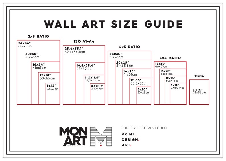 Puede incluir: Un gr&aacute;fico que muestra diferentes tama&ntilde;os de arte de pared en pulgadas y cent&iacute;metros. El gr&aacute;fico est&aacute; dividido en tres secciones: proporci&oacute;n 2x3, ISO A1-A4, proporci&oacute;n 4x5 y proporci&oacute;n 3x4. Cada secci&oacute;n muestra diferentes tama&ntilde;os de arte de pared con las medidas correspondientes en pulgadas y cent&iacute;metros. El gr&aacute;fico tambi&eacute;n incluye el texto "GU&Iacute;A DE TAMA&Ntilde;OS DE ARTE DE PARED" y "DESCARGA DIGITAL IMPRIMIR. DISE&Ntilde;AR. ARTE."