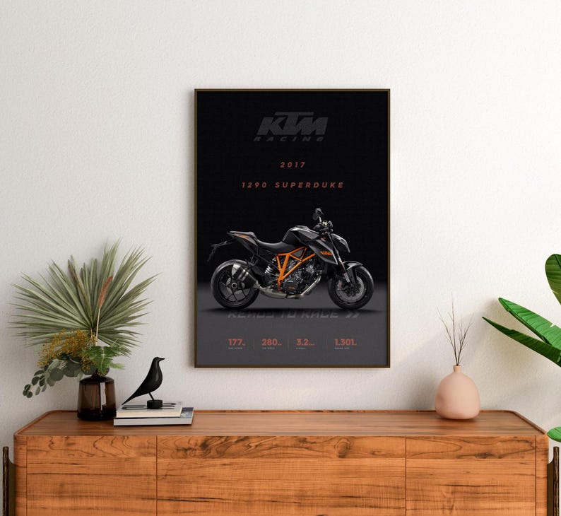 May include: A black and orange KTM 1290 Superduke motorcycle poster with the text "KTM Racing 2017 1290 Superduke Ready to Ride" and the numbers "177, 280, 32, 1301".