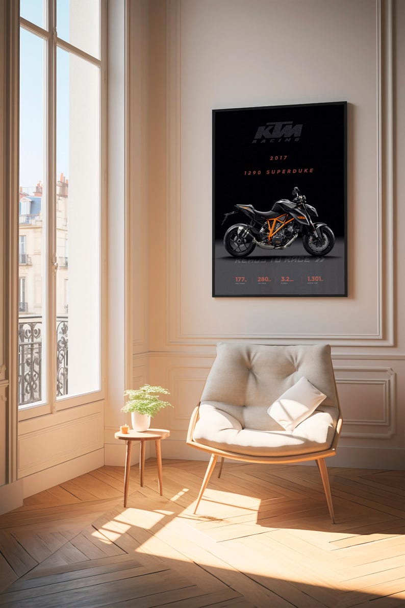 May include: A black and orange KTM 1290 Superduke motorcycle poster with the text "KTM Racing 2017 1290 Superduke" and "Ready to Ride 177 260 32 1301".