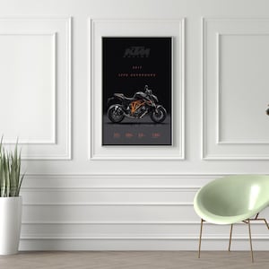 May include: A black and orange KTM motorcycle poster with the text "KTM RACING 2017 1290 SUPER DUKE 175  900  12  1,300"