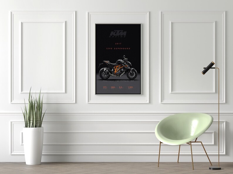 May include: A black and orange KTM motorcycle poster with the text "KTM RACING 2017 1290 SUPER DUKE 175  900  12  1,300"