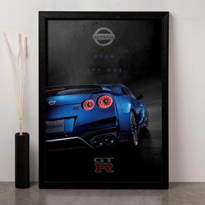 May include: A blue Nissan GTR R34 sports car with the text "2024 GTR R34" and the Nissan logo on a black background.