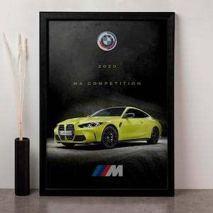 Póster digital del BMW M4 Competition: impresión artística de alto rendimiento de la Serie M, recuerdos exclusivos de BMW, decoración de pared con el icónico cupé deportivo.