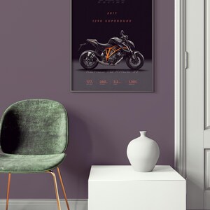 May include: A black and orange 2017 KTM 1290 Superduke motorcycle poster with the text "KTM Racing" and "1290 Superduke" in white. The motorcycle is on a black background with the text "177 - 280 - 32 - 130L" in red.