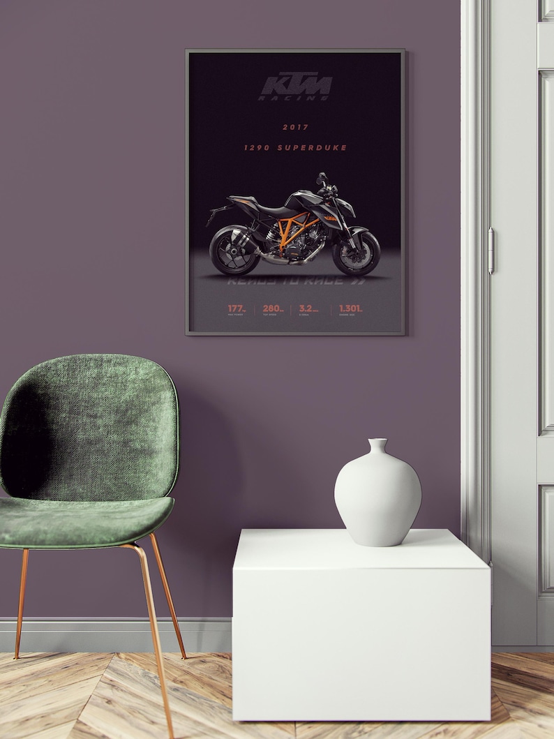 May include: A black and orange 2017 KTM 1290 Superduke motorcycle poster with the text "KTM Racing" and "1290 Superduke" in white. The motorcycle is on a black background with the text "177 - 280 - 32 - 130L" in red.