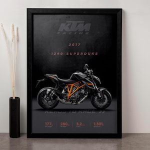 May include: A black and orange KTM 1290 Superduke R motorcycle poster with the text "KTM RACING 2017 1290 SUPERDUKE READY TO RACE 177. 280. 3.2. 1,301."