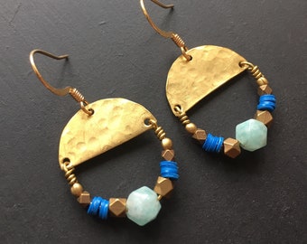 Amazonite and Hammered brass earrings