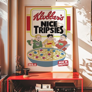 Póster de viajes psicodélicos / Lámina para caja de cereales inspirada en la música rave / Divertido arte mural de acid house / Decoración retro de la cultura club / Póster de fiesta de los 90