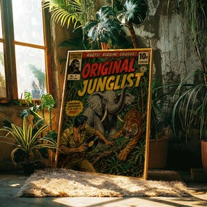 May include: A framed comic book cover titled "Original Junglist" with an illustration of an elephant, tiger, and a man holding a record. The comic book is in a room with plants and a window.