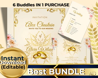 Invitación de boda, Plantilla de conjunto de invitación de boda AVA Acuarela Flores rosas suaves, Paquete editable e imprimible para impresión en el hogar, Tarjeta