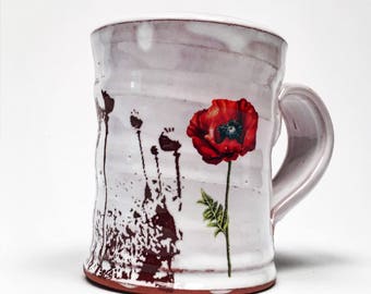 Poppy mug with glossy glaze and red flowers