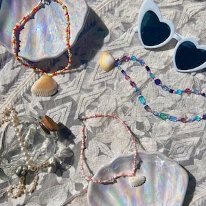 Beaded seashell pendant necklace with freshwater pearls summer mermaid jewelry