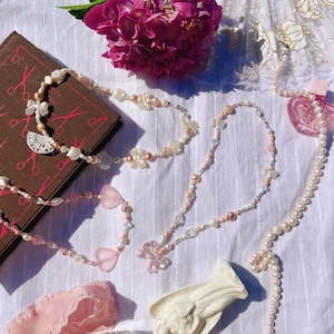 Coquette pink, pearl beaded necklaces | Feminine, Pink White Pearl Jewelry for Her