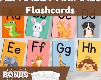 Animals Alphabet Flash Cards, Montessori Learning (Digital Download)