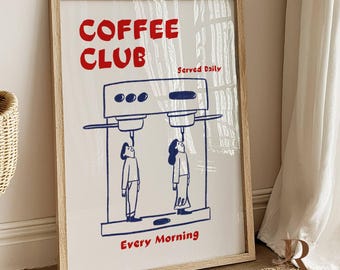 Coffee Club Print, Retro Kitchen Espresso Machine Art (Digital Download)