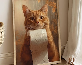 Puede incluir: Impresión enmarcada que muestra un gato naranja sosteniendo un rollo de papel higiénico blanco. El gato tiene ojos grandes y expresivos, sobre un fondo otoñal de tonos cálidos. El marco es de color madera clara.
