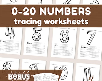 0-20 Number Tracing Worksheets: PreK, Kindergarten Handwriting Practice (Digital Download)