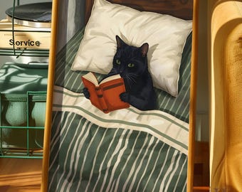 Black Cat Reading Book Print, Cozy Bedroom Decor (Digital Download)