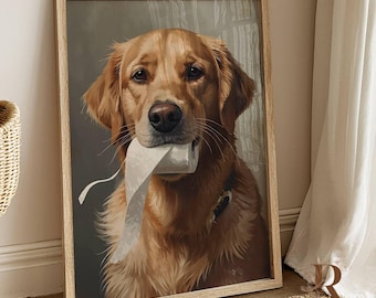 Divertente stampa artistica da bagno raffigurante un Golden Retriever, cane di carta igienica (download digitale)