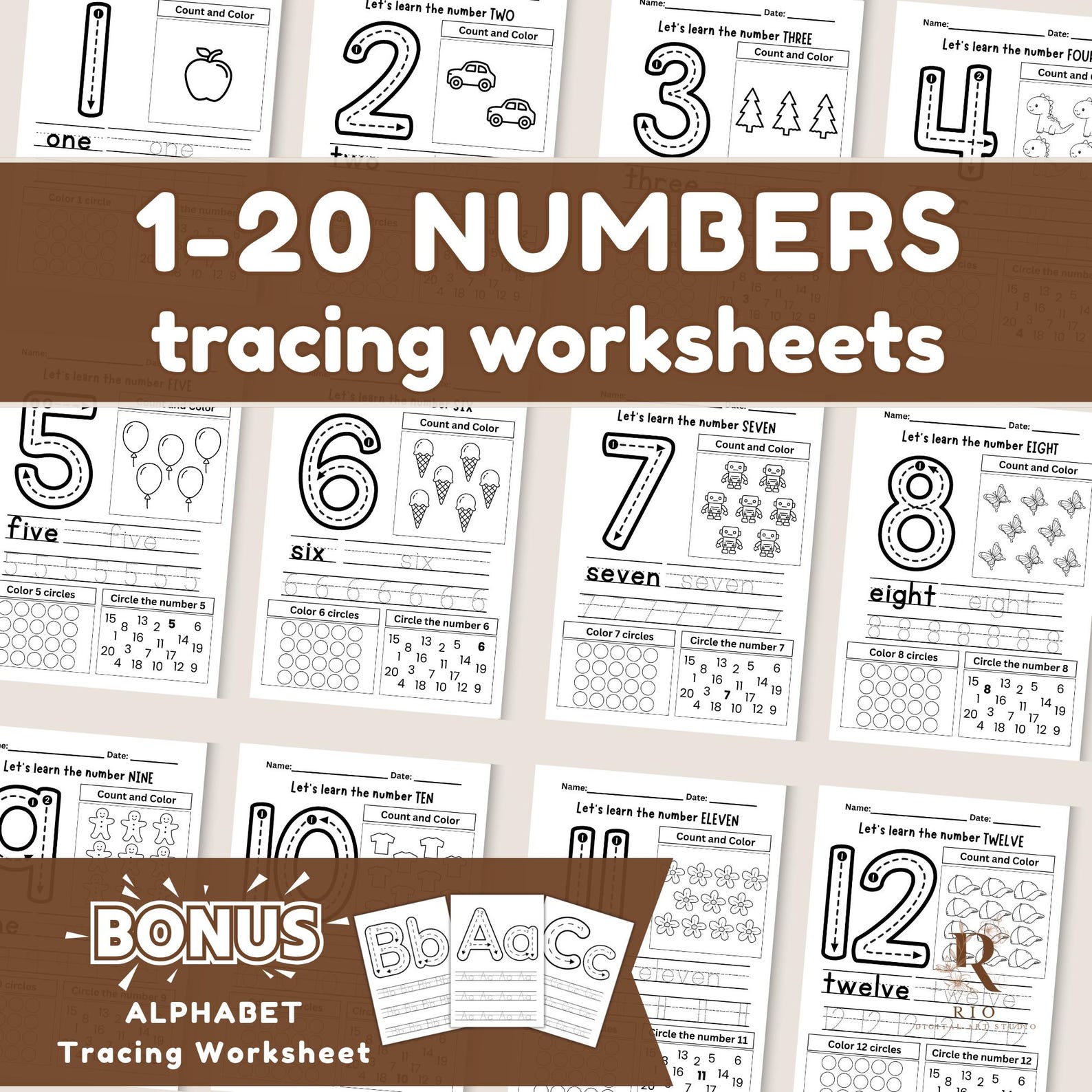 1-20 Number Tracing, Preschool Worksheet Printable, Handwriting