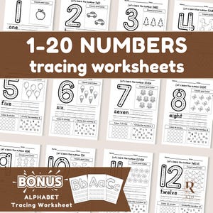 1-20 Number Tracing, Preschool Worksheet Printable, Handwriting Practice, Kindergarten Worksheets, Learning Numbers, Instant Download